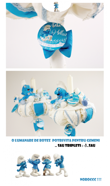 Lumanare de botez pentru baieti cu strumfi, 65x4 cm, Strumfii veseli 1